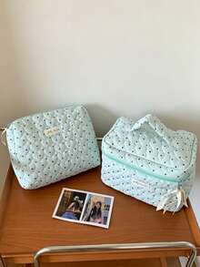 Cute Heart Quilted Makeup Bag Light Blue Polka Dot Cotton Cosmetic Organizer Case Portable Large Capacity Travel Toiletry Bag With Inner Mesh Pocket - Baby Blue - View 12