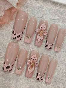 10 Pcs Handmade 3D Flower Nude Pink Leopard Print Long Coffin False Nails Handmade Press On Nails - 駝色 - 查看 2
