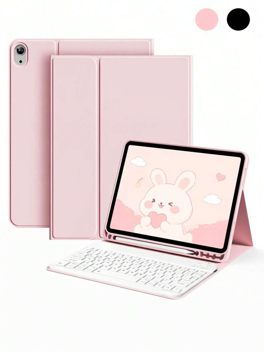 Pink Solid Color Material Flip Pad Cases With Keyboard Detachable Wireless Bluetooth Keyboard (150mAh) With Pen Slot Keyboard Shockproof Case Compatible With Samsung Galaxy Tab, Pad SE Spring Gift - Multicolor - View 1