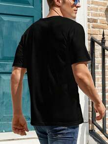Men's Loose Fit T-Shirt, Full Skeleton Print Riding A Roaring Tiger With Night Sky, Half Moon And Stars, Vintage Bow Text, Western Retro Gothic Streetwear Style. - Hitam - View 2
