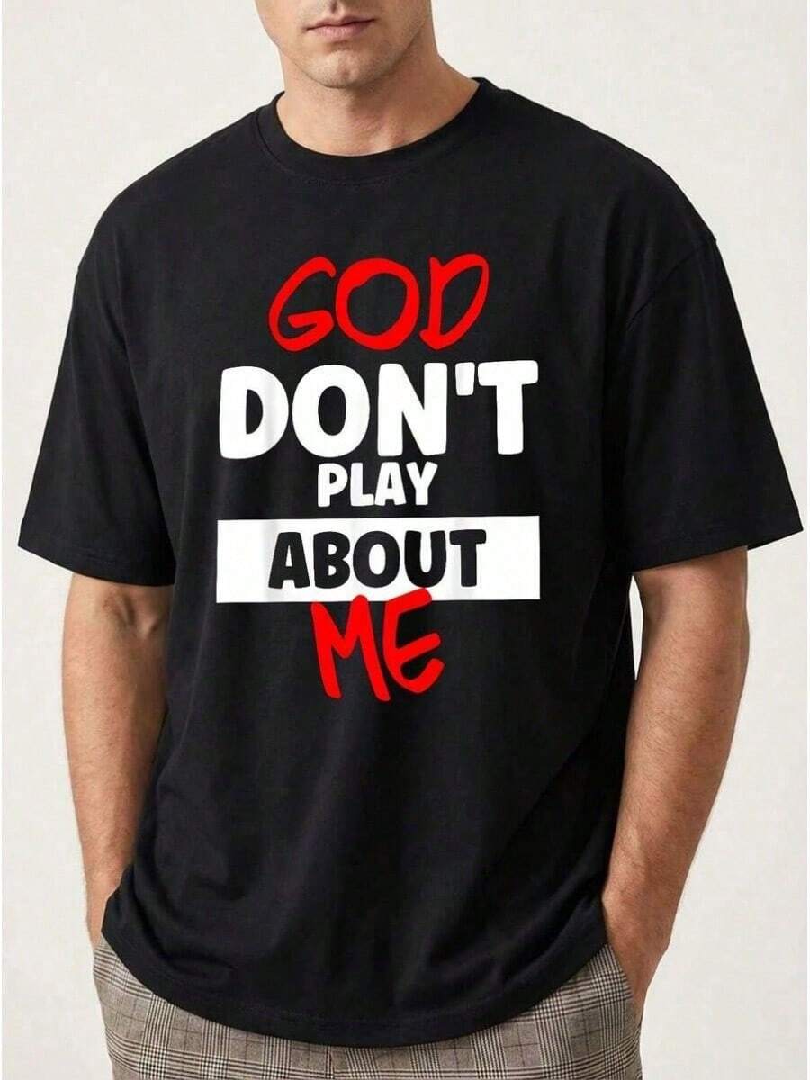 Men's Graphic T-Shirt - Red And White "God Don't Play About Me" Print | Soft Cotton Vintage Graphic Print T-Shirt | Men's Summer Casual Wear | Res Ink - 黑色 - 查看 1