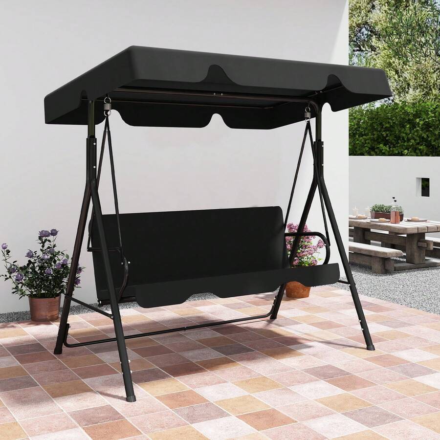 3-Seat Patio Swing Chair, Outdoor Porch Swing With Adjustable Canopy, Removable Cushion & Durable Frame For Patio, Garden, Poolside, Porch, Black - Black - View 1