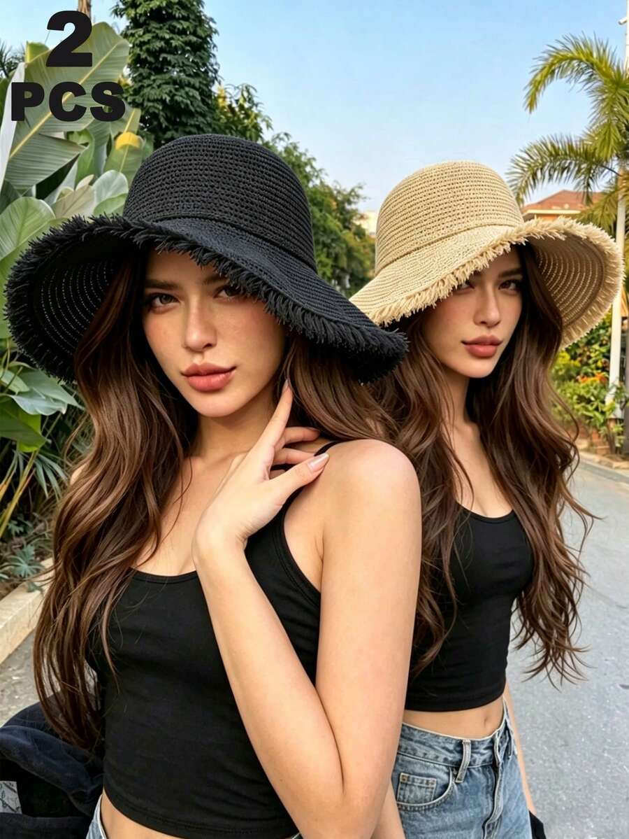 2件組女款草編遮陽帽,春夏海灘海邊度假防曬寬邊草帽,波希米亞風 - 彩色 - 查看 1
