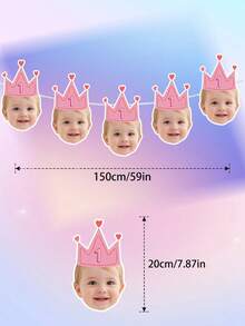 8/12/16pcs Custom Kid Photo And Text 1st Birthday Banner, Pink Blue Beige Crown Number Photo Banner, Customizable Kids First Birthday Party Banner - Multicolor - View 6