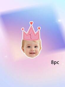 8/12/16pcs Custom Kid Photo And Text 1st Birthday Banner, Pink Blue Beige Crown Number Photo Banner, Customizable Kids First Birthday Party Banner - Multicolor - View 8