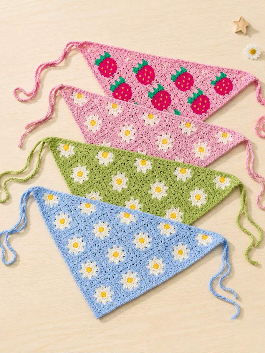 4pcs Sweet Strawberry Headscarves, Cute Girls Headscarves, Pastoral Style Headscarves, Suitable For Outdoor Wear - Multicolor - View 1