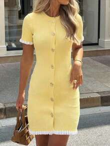 Women's New Spring/Summer Elegant Contrast Color Metal Button Dress, Paired With Graceful Ruffle Hem Blazer & Yellow Skirt Set For A Sophisticated Look. Features Front Button Closure Design, Suitable For Commuting, Daily Dates And Photo Shoots. - Yellow - View 8