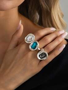 3pcs Designer Ins Style Acrylic Rhinestone Rings For Women, Fashion Metal Knuckle Ring - Multicolor - View 2