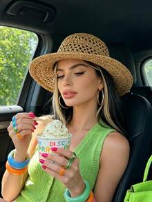 OBOVAY 1pc Women's Solid Color Hollow Out Handmade Straw Hat, Summer Vacation Beach Sun Protection Straw Hat, Suitable For Daily Wear, Vacation, Beach, Bohemian Photography - Multicolor - View 4
