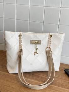 Bolso de mano de gran capacidad para mujer, bolso de hombro con cadena elegante, nueva bolsa de moda para debajo del brazo, bolso de lino retro - Blanco 5 - Ver 2