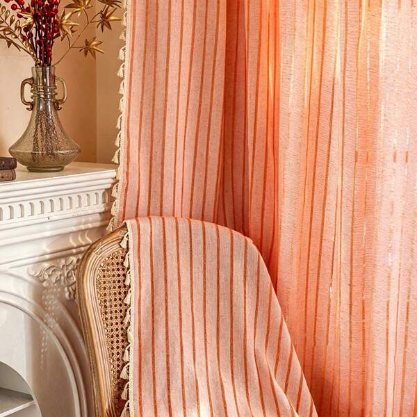 1pc 2026 New Polyester Cotton Blend American Vintage Tassel Curtains, Color Block Curtains, Versatile For Living Room And Bedroom, Natural Drape