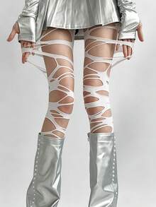 1 Pair Y2K Distressed Punk Style Ripped Dark Fishnet Stockings, Gothic Niche Fishnet Socks - Black - View 10