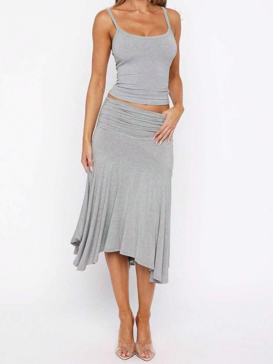 Women's Fashionable And Elegant 2 Pieces Set, Camisole Top Paired With Elastic Waist Asymmetric Hem Skirt, Spring/Summer - Grey - View 1