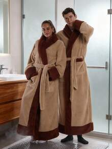 Super Warm Long Pile Lamb Fleece House Robe, Brown Contrast Trim Soft Fluffy Brushed Fabric, Plus Size Loose Couple Loungewear, Unisex, Winter Indoor Bedroom Set, Suitable For Movie Night And Lazy Weekend, Comfortable Home Relaxation Short Robe Gift - Multicolor - View 3