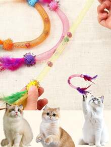 Flexible Elastic Mesh Cat Toy With Colorful Feather Ball And Built-In Bell Beads, Stimulates Cat Instincts And Provides Entertainment, Holiday Gift Indoor Cat Pet Supplies - View 2