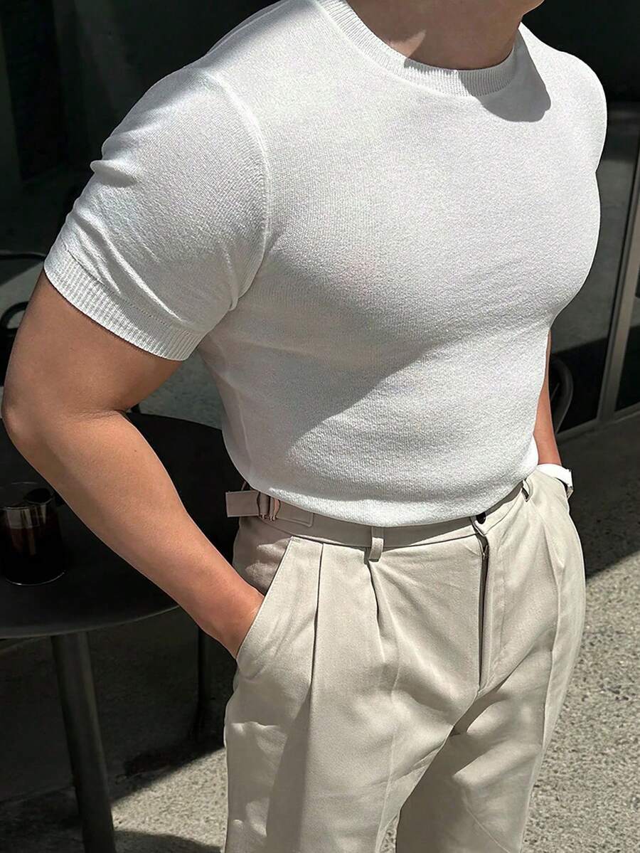 Suéter de punto informal de manga corta y unicolor para hombre, primavera/verano