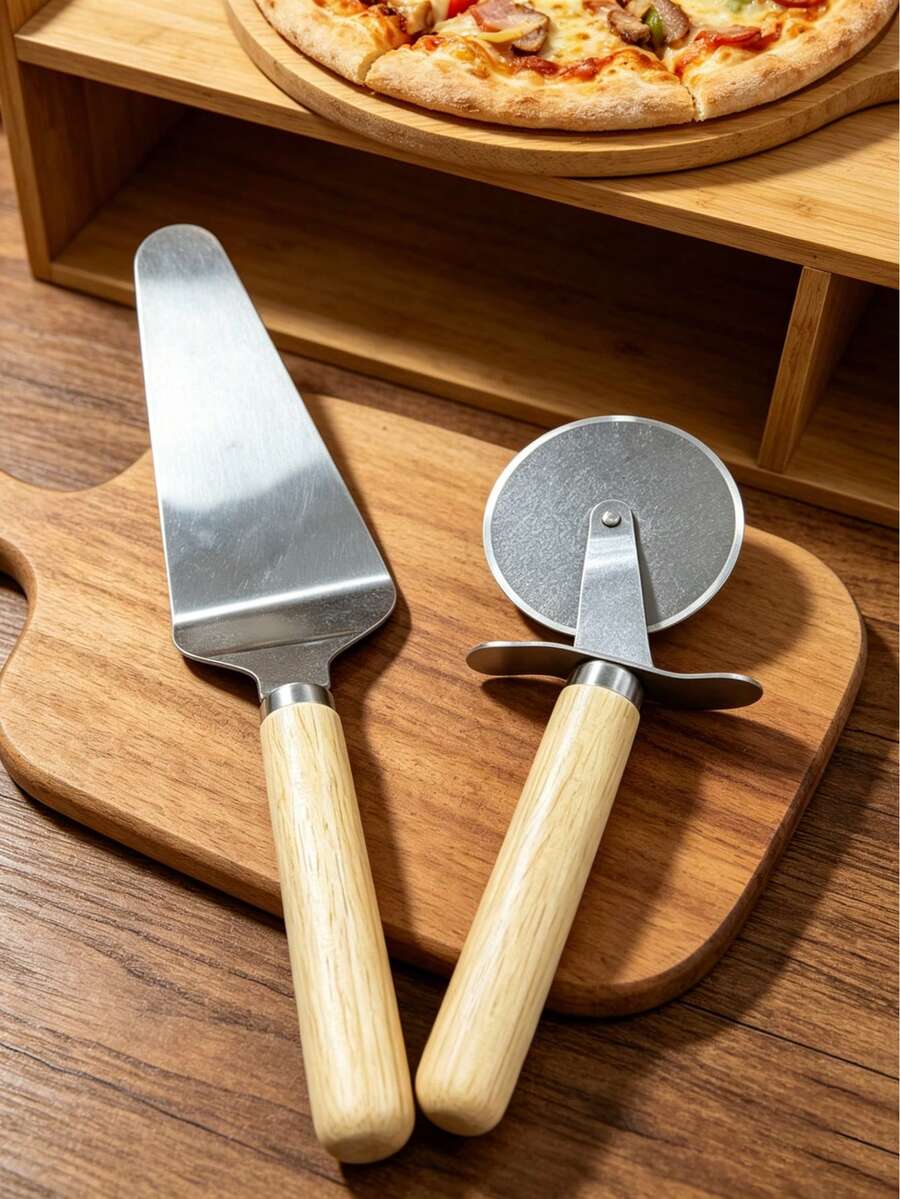 1pc/2pcs Stainless Steel Pizza Peel And Roller Knife Set, A Durable Baking Tool. A Space-Saving, Heat-Resistant Wooden-Handle Kitchen Cutting Set, Suitable For Pizza And Cake. An Excellent Practical Gift For Home Baking Enthusiasts. - Silver-wood Handle - View 1