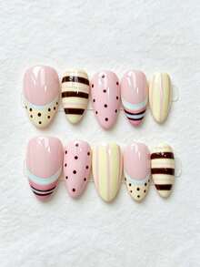 10pcs Almond-Shaped Nude Pink Transparent Base Handmade Wearable Nail Tips, Hand-Painted Macaron Color-Block Striped Polka Dot French Sweet Daily Nail Art Stickers, Reusable, Suitable For Beach Vacation Party, Summer Daily Girls Holiday Gift - Multicolor - View 2