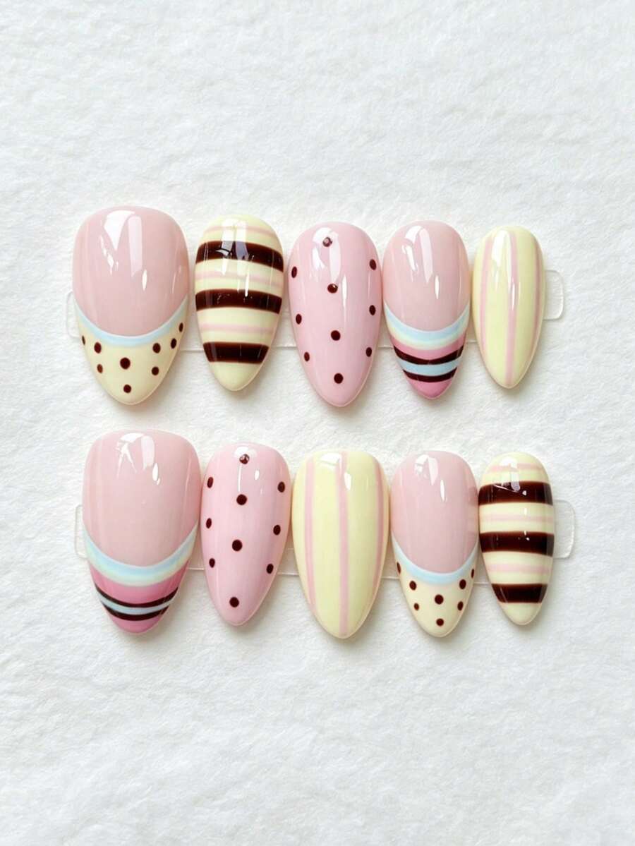 10pcs Almond-Shaped Nude Pink Transparent Base Handmade Wearable Nail Tips, Hand-Painted Macaron Color-Block Striped Polka Dot French Sweet Daily Nail Art Stickers, Reusable, Suitable For Beach Vacation Party, Summer Daily Girls Holiday Gift