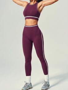 UONNOU Top Cropped Feminino Branco com Decote Redondo e Acabamento Contrastante Sem Mangas & Legging Sem Costura Cintura Alta com Efeito Levanta Bumbum em Formato de Pêssego, Ultra Macio com Elasticidade 4-Way Amigável à Pele - Roxo - Visão 6
