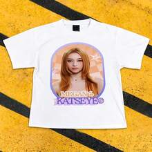 Camiseta Megan Katseye Y2K K-Pop, top de  de manga corta con estampado de cuadros y estrellas naranjas, camiseta de merchandising para fans de ídolos. - Blanco - Ver 1