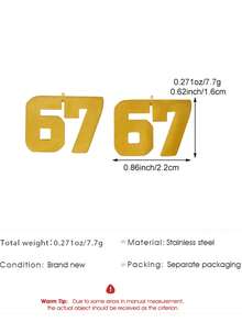 1 Pair Creative New "67" Number 304 Stainless Steel Stud Earrings, Casual Versatile Hip-Hop Personalized Accessory, Gold/Silver Stainless Steel Jewelry Suitable For Women's Daily Wear - Yellow Gold - View 7