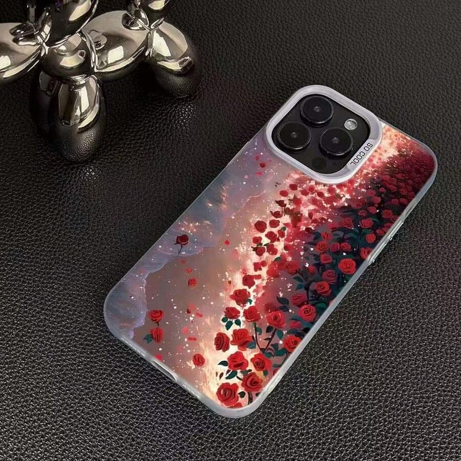 New Red Rose Case Suitable For Apple 16 Pro Max,  15 Pro, And 14 Pro - Silver Casing - White - New Style With Red Rose Design - View 1