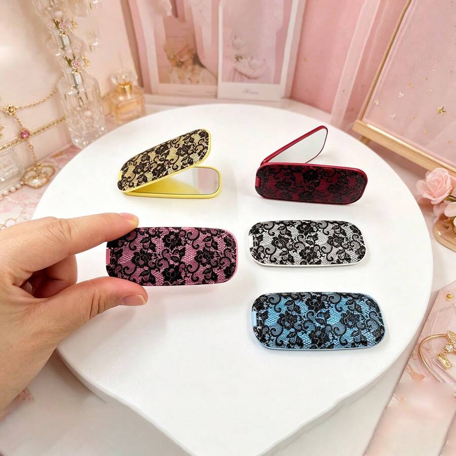1pc Faux Leather Textured Mirror Phone Stand, Fashionable Adhesive Foldable Mirror Back Sticker, Horizontal & Vertical Dual-Use Portable Desktop Stand - Multicolored Black Lace - View 1
