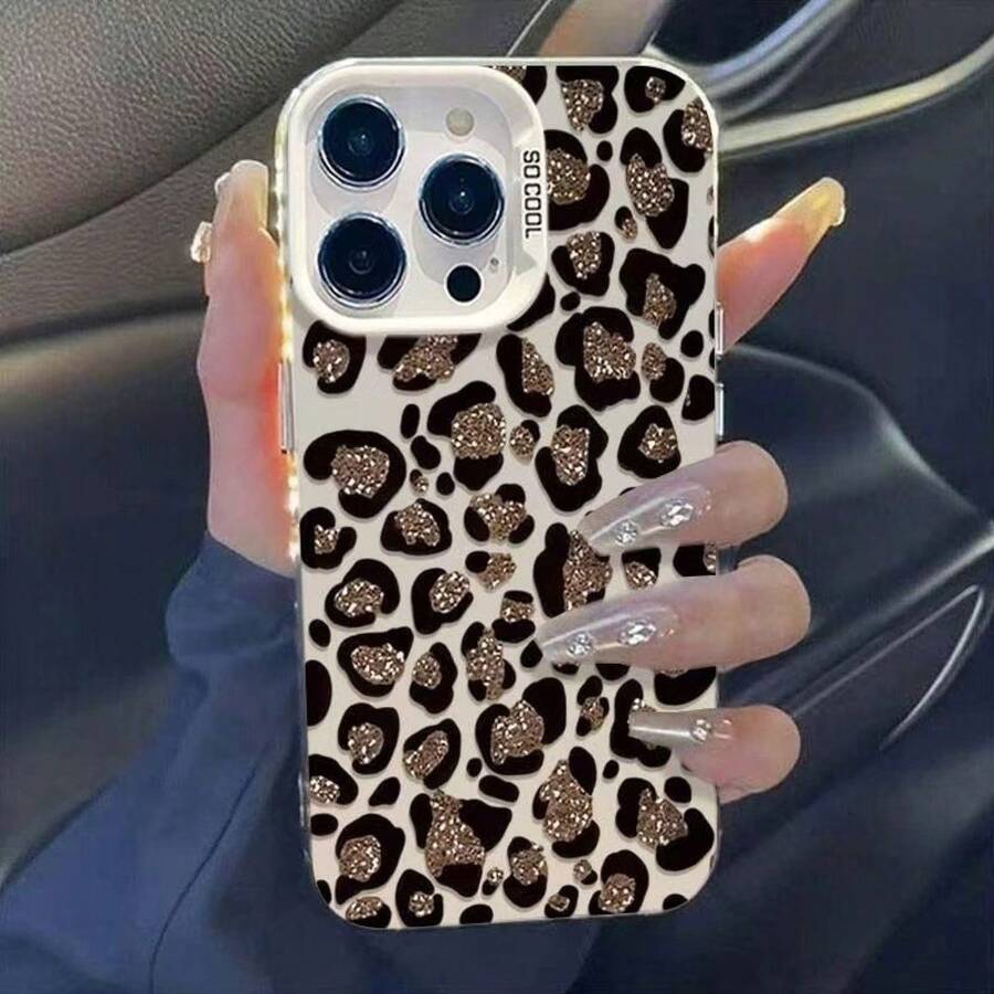 Shimmering Leopard Print Phone Case Suitable For Apple 16 Pro Max,  15 Pro Max, High-End 14 New Model, 17 European And American Style - Silver Casing - White - Shimmering Leopard Print - View 1