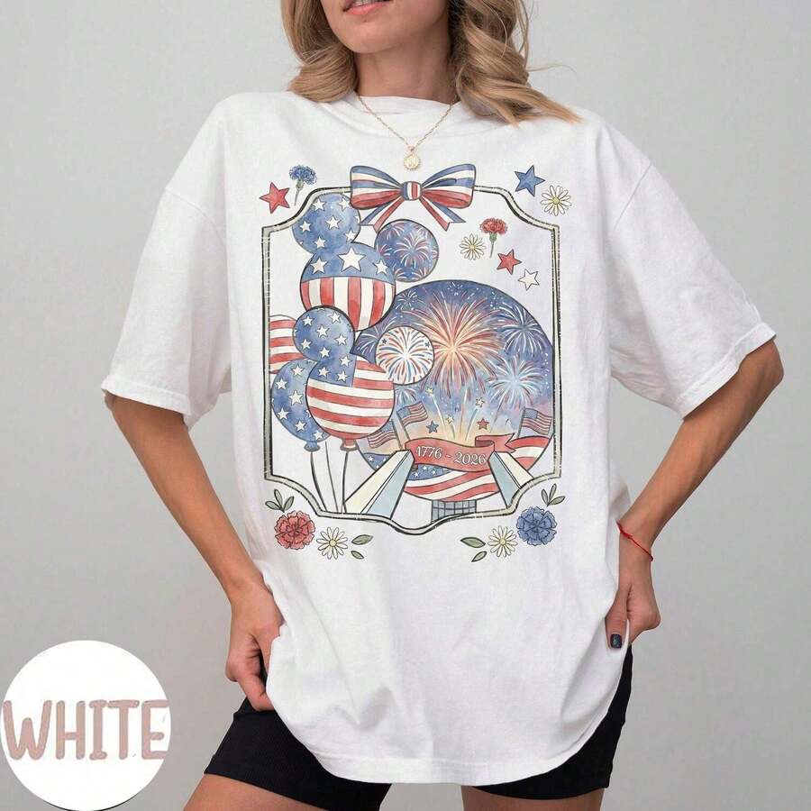 Camiseta Amplia con Diseño de Fuegos Globos Estrellas Manga Corta Casual Streetwear Estilo Urbano Aesthetic Top Urbana - Blanco - Ver 1