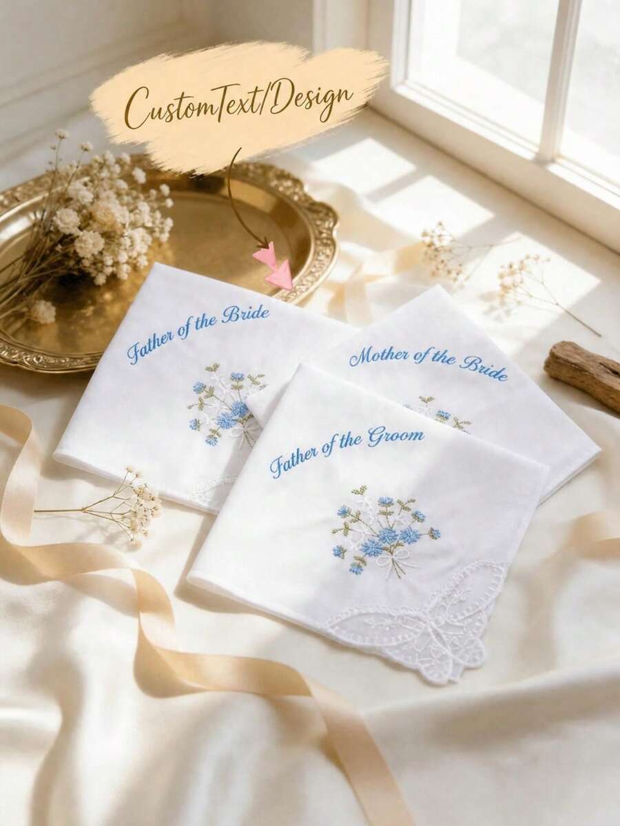 Customized Lace Linen Wedding Handkerchief, Suitable For Bride, Groom, Parents, Customizable Text Keepsake, Bridal Shower Gift, Anniversary Gift - Bouquets and Handkerchiefs - View 1