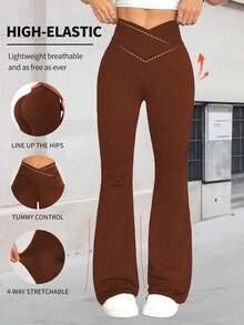 [Extremadamente Suave] Pantalones acampanados elásticos con diseño cruzado, pantalones minimalistas de cintura alta para ir al trabajo & yoga, leggings deportivos casuales y sexys, diseño de - Café integral - Ver 1