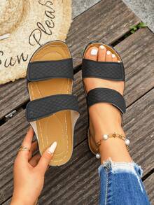 Louis Elegant Women's Shoes, Summer New Round Toe Thick Sole Open Toe Flat Sandals, Hook And Loop Design, Fashionable Minimalist Style Women's Flat Sandals, Soft Sole Beach Shoes Suitable For Travel, Vacation, Beach, Street, Party, Home And Other Various Occasions, Can Also Be Paired With Any Summer Outfit Black Sandals - Black - View 2