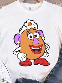 Playera Oversize con Diseño de Papa Caricatura Manga Corta Cuello Redondo Estilo Japonés Kawaii Urbano Moda Streetwear Chica Urbana Gráfico Verano - Blanco - Ver 1