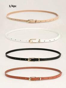 1/4pcs Women's Classic PU Leather Thin Belt Set, Solid Color Square Buckle Adjustable Waist Belt, Suitable For Pants, Dresses, Casual, Office, Party And Other Occasions, Essential Wardrobe Accessory - Gold Buckle 100 - View 1