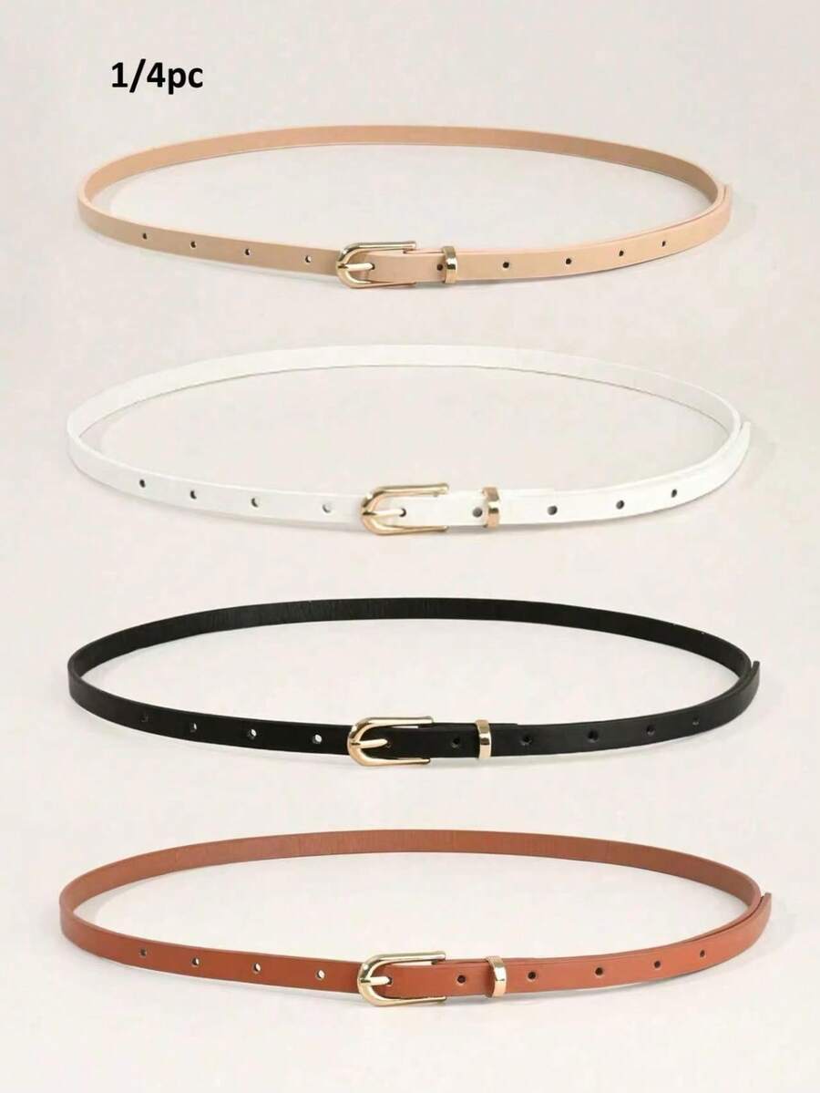 1/4pcs Women's Classic PU Leather Thin Belt Set, Solid Color Square Buckle Adjustable Waist Belt, Suitable For Pants, Dresses, Casual, Office, Party And Other Occasions, Essential Wardrobe Accessory - Gold Buckle 100 - View 1