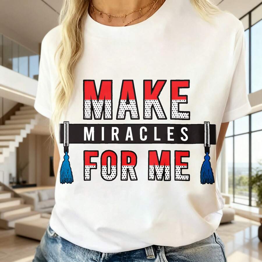Mujer, Estilo Casual, Diseño de Letras Make Miracles For Me con Borlas Azules, Camiseta de Manga Corta Cuello Redondo, Ideal para Otoño e Invierno - Blanco - Ver 1