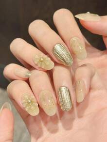 10PCS Short Oval Handmade Press On Nails For Party And Daily Wear,Apricot Nails,Hand-Painted Smudge, Premium Gold Foil & 3D Stereo Flowers,To Wear 10pcs Y2K Handmade Press On Nails,Suitable For Girls And Women Festivals Parties And Daily Wear - Apricot - View 3