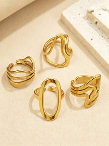 4pcs Fashionable Personalized Geometric Stainless Steel 18K Gold Plated Oil Pressed Ring Set, Suitable For Women's Daily Wear Or Party - Ring Set - View 4