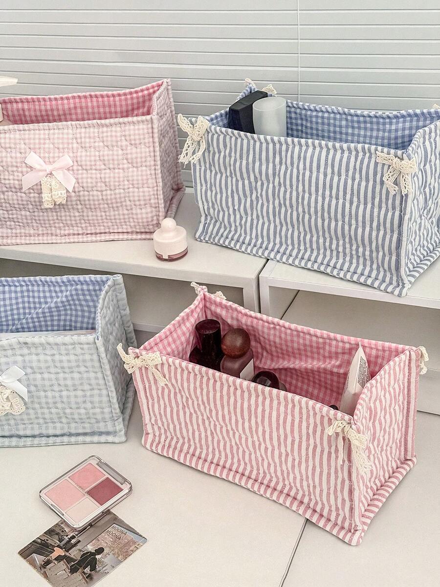 Lace Sweetheart Series Fabric Storage Basket, French Style Gentle Bow Decor, Thickened Quilted Design, Multi-Purpose Desktop Organizer For Home, Dorm, Students - Multicolor - View 1