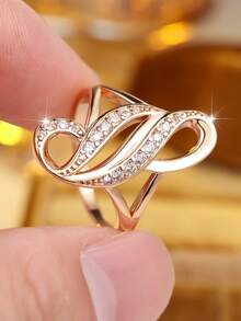 Vanel 1piece Chic Golden Intertwined Wave Swirl Ring, Full Line Paved Round CZ Band Daily Wear - Golden Yellow-white - View 1
