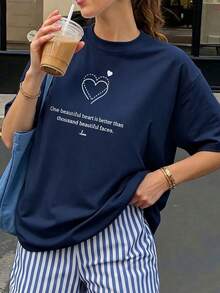 Camiseta de mujer estampada de manga corta para verano, tela de poliéster, estilo multifuncional, corte regular, peso 180 gramos, 1 unidad. - Azul oscuro - Ver 1