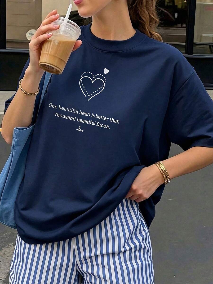 Camiseta de mujer estampada de manga corta para verano, tela de poliéster, estilo multifuncional, corte regular, peso 180 gramos, 1 unidad. - Azul oscuro - Ver 1