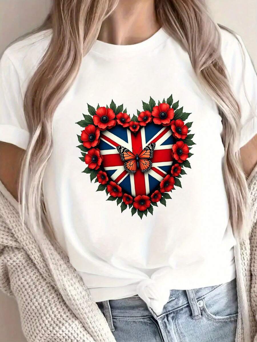 Camiseta con Corazón, Union Jack y Amapolas, Manga Corta y Cuello Redondo, Ropa Casual de Verano y Primavera para Mujer
