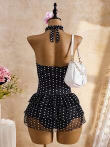 Bellisia Traje de baño con falda para mujer con estampado de puntos blancos sobre fondo negro, diseño de escote profundo en V con cuello de halter y espalda descubierta, con volantes de 3 ni - Blanco y Negro - Ver 2