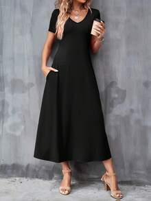 Casual V-Neck Short Sleeve Dress With Pockets. Solid Color, Machine Washable, Versatile For All Seasons. - 黑色 - 查看 6