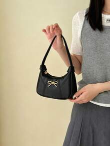 Sweet Metal Bow Underarm Bag, New Macaron Color Handbag/Shoulder Bag For Girls, Niche Minimalist Crescent Bag, Suitable For Daily Use - A - View 7