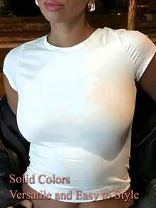 Women's Crew Neck Short Sleeve Solid Color Fitted Stretchy T-Shirt, Sexy & Stylish For Summer Daily Wear White Casual - White - View 3