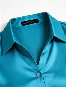 HOMEYEE 大码女式纯色短袖衬衫，春夏时尚办公服饰 - 薄荷藍 - 查看 7