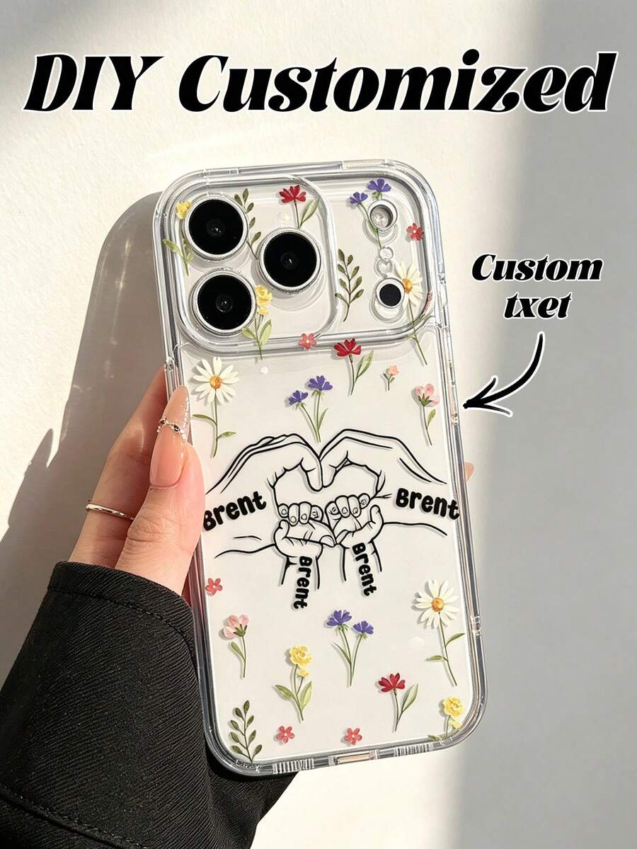 1pc Mother's Day Customized Phone Case With Holding Hands And Name, Transparent Anti-Drop Precise Cutout Phone Case Suitable For Phone11/12/13/14/15/16promax/16pro/16plus/17pro Max/18 Pro Max/17air/17e S26ultra/S25ultra/S24ultra/S23/S22/A56/A55/A54 And 10a/10pro/9a/9pro/8a/7a Android Phone Models, Dried Flower Style Summer Phone Case - Clear - View 1